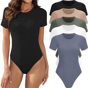 5-Pack Women’s Short Sleeve Bodysuits – Casual Round Neck Stretchy Basics